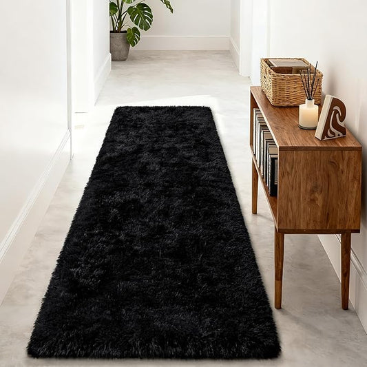 Merelax Black 2x8 Non-Slip Long Runner Rug for Hallways Entry, Soft Fluffy Area Rugs for Living Room, Shaggy Plush Furry Bedside Rug Indoor Floor Carpet Nursery Kids Room Dorm Holiday Decor