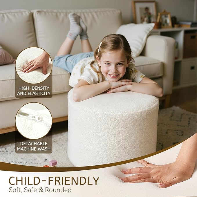 Round Boucle Pouf Ottoman Footrest – Soft & Lightweight Footstool with Full Foam Filling for Living Room, Bedroom