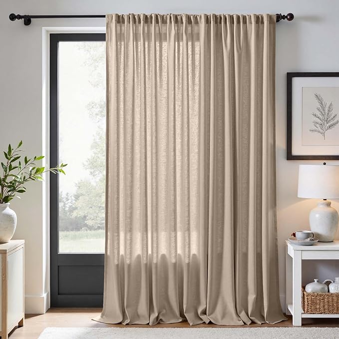 jinchan Taupe Linen Blend Curtain 120 inch Extra Long 1 Panel Extra Long for Sliding Door, Light Filtering 100 inch Extra Wide Patio Door Drape with Rod Pocket Back Tab(100W x 120L, Taupe)