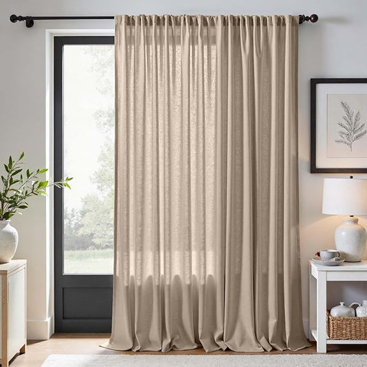 jinchan Taupe Linen Blend Curtain 120 inch Extra Long 1 Panel Extra Long for Sliding Door, Light Filtering 100 inch Extra Wide Patio Door Drape with Rod Pocket Back Tab(100W x 120L, Taupe)