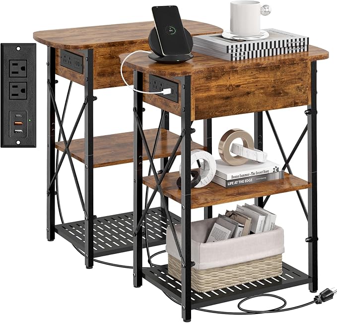 Livofloral Narrow Side Table with Charging Station, End Tables Set of 2 for Small Spaces, Flip Top End Table with Storage, End Tables Living Room, Nightstand Set 2 with Drawer for Bedroom, Brown