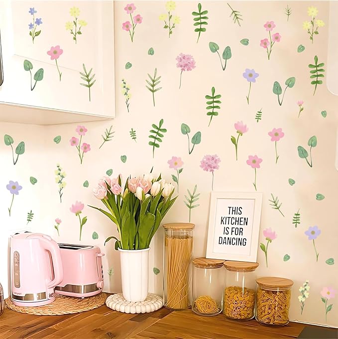 Flower Floral Wall Decal Small Colorful Flower Wall Stickers Flowers Leaves Decals Wildflower Floral Leaf Sticker Cute Flower Leaf Decal for Nursery Girls Room Bedroom Decor