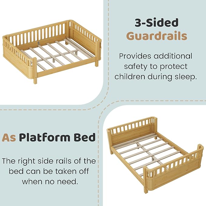 Full Size Bed Frame Kids with Rails, Wood Montessori Bed Full with Slats Support, Modern Daybed Low to Ground with Removable Bed Rails for Girls Boys Bedroom Living Room, Natural