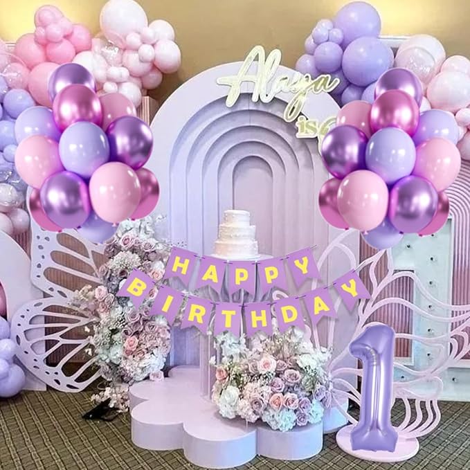 Purple Pink Metallic Balloons & Banner - 40 Inch 1 Balloon, Perfect for Girls' 1st Birthday or Baby Shower Decor
