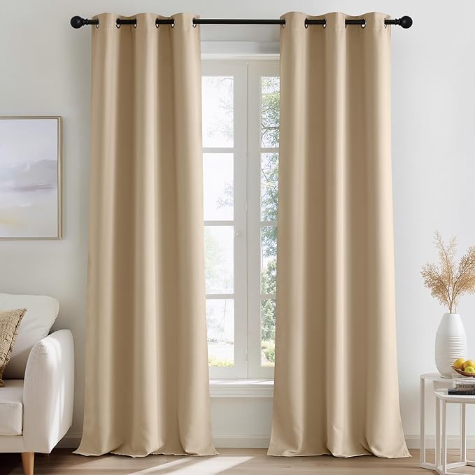 NICETOWN Beige Room Darkening Curtains 90 Inches Long 2 Panels for Living Room, Bedroom, Nursery Summer Thermal Insulated Blackout Drapes Grommet Noise Reducing Window Curtains, W40