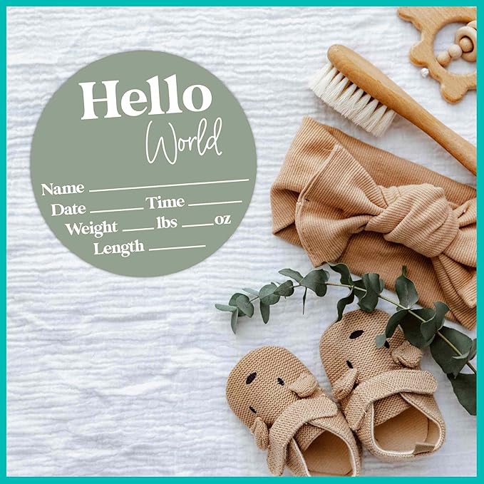 Hello World Newborn Sign - Baby Name Birth Announcement Plaque for Hospital - Photo Prop - Sage Green Nursery Decor - Shower Gift