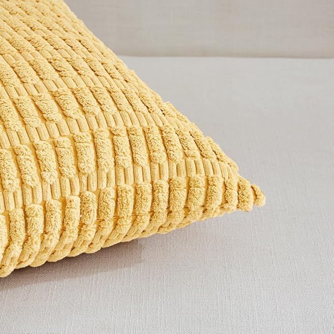 Fancy Homi 2 Packs Yellow Decorative Throw Pillow Covers 20x20 Inch for Living Room Couch Bed Sofa, Rustic Farmhouse Boho Home Decor, Soft Striped Corduroy Square Cushion Case 50x50 cm