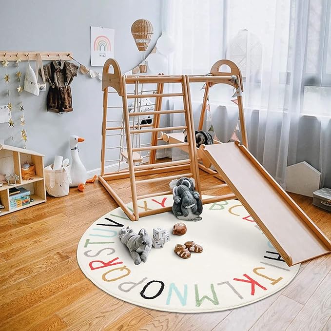 Topotdor Rainbow Round Kids Play Rug Alphabet Nursery Area Rug Extra Large Soft Crawling Play Mat for Children Toddlers Bedroom (71 inch, Multi Color)
