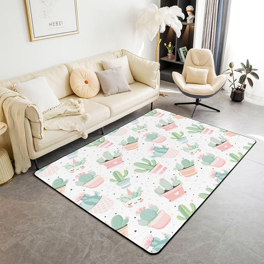 jejeloiu Cute Cactus Decorative Carpet Area Rug 4x5 Kids Boys Girls Green Botanical Living Room Rugs for Bedroom Area Rug 4x5 Carpet Kitchen