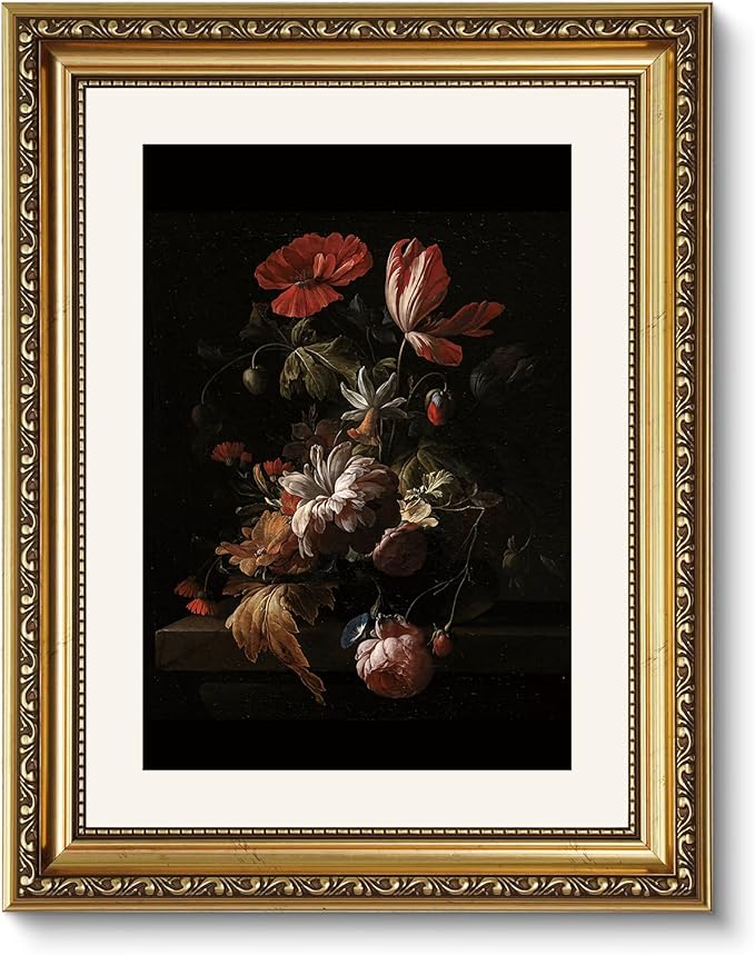 ARPEOTCY Vintage Gold Framed Wall Art, Retro Still life Floral Flowers in a Bowl Canvas Prints Artwork with Antique Frame, Victorian Wall Paintings Decor for Living Room Gallery, 11x14 inch
