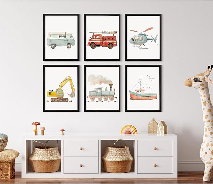 Car Wall Art Boys Room Canvas Wall Decor Nursery Prints Transportation Vehicle Wall Art Kids Toddler Posters Construction Truck Picture Boy Nursery Artwork for Bedroom Playroom 8x10x6 Inch Wood Framed