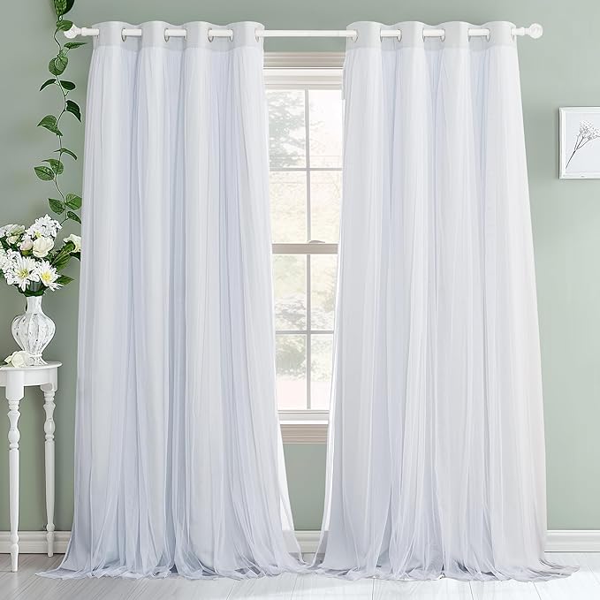 PONY DANCE White Blackout Curtains - Double Layer Backdrop Curtains 72 Inches Long with Sheer Elegance Grommet Window Panels for Girls Kids Room Darkening (52x72, Greyish White, 2 PCs)