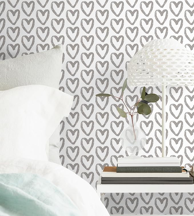 Timeet Grey and White Wallpaper Peel and Stick Wallpaper Heart Geometric Contact Paper 17.7"x393.7" Modern Self Adhesive Removable Wallpaper for Bedroom Kids Room Wall Decor Vinyl