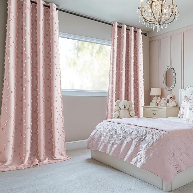 MYSKY HOME 100% Blackout Curtains for Girls Bedroom 90 Inch Long Total Room Darkening Curtain for Living Room 2 Panels Grommet Light Blocking Sliding Door Drapes Blush Pink Pom Pom Sheer 52" x 90"