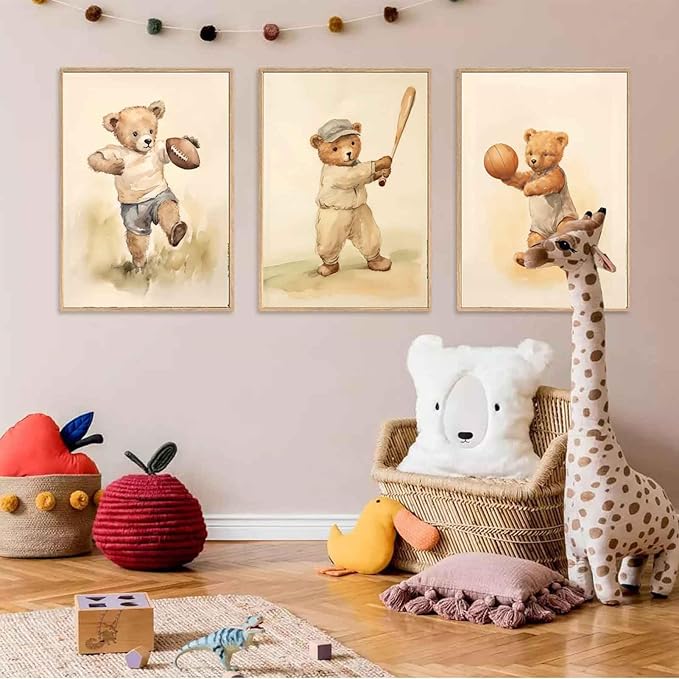 3Pcs Teddy Bear Sports Nursery Animal Canvas Wall Art Cute Woodland Baby Bear Rugby Wall Decor Pictures Football Basketball Baseball Kids Room Posters Prints for Children Bedroom Decoration No Frames