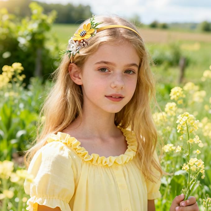 Flower Headbands for Girls Kids Toddlers Sunflower Floral Headpiece Non Slip Elegant Wedding Flower Crown Hairband Spring Summer Fashion Cloth Headdress Accessories for Birthday Party (Orange)
