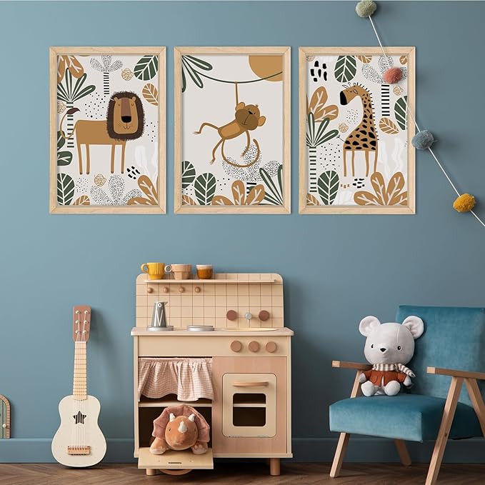 YWJKWLGS Kids Safari Animal Wall Decor, 3 Piece Nursery Art for Baby Room 11"x16" Jungle Theme Cute Lion Monkey Giraffe Prints Sign Wood Framed for Children's Room Toddler Bedroom Decoration (Wood)