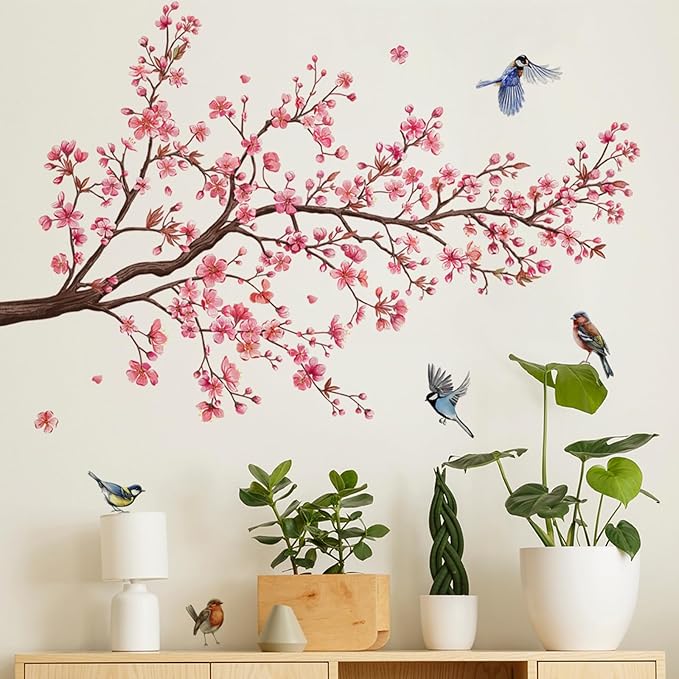 Pink Blossom Tree Wall Decals Birds on Branch Wall Stickers Pink Floral Wall Decor Flower Wall Decals for Bedroom Living Room Girls Room Nursery Office(Pink Blossom Tree)