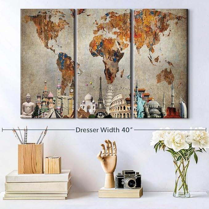 ElephantStock Rusty World Map Multi Piece Canvas - 3 Piece Canvas World Map Wall Decor - Wall Decor - Ready-to-Hang Print - Vintage Wall Art - 33" X 20"