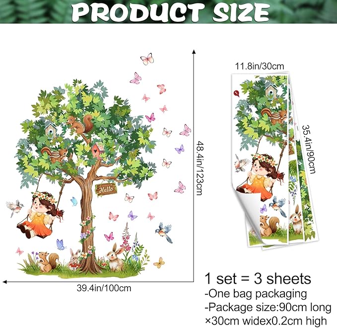 Amaonm Large Whimsical Tree Wall Decal with Woodland Animals, Birds, and Butterflies, Watercolor Green Tree Wall Sticker Decor for Girls Kids Bedroom Living Room Nursery Decoration (A)