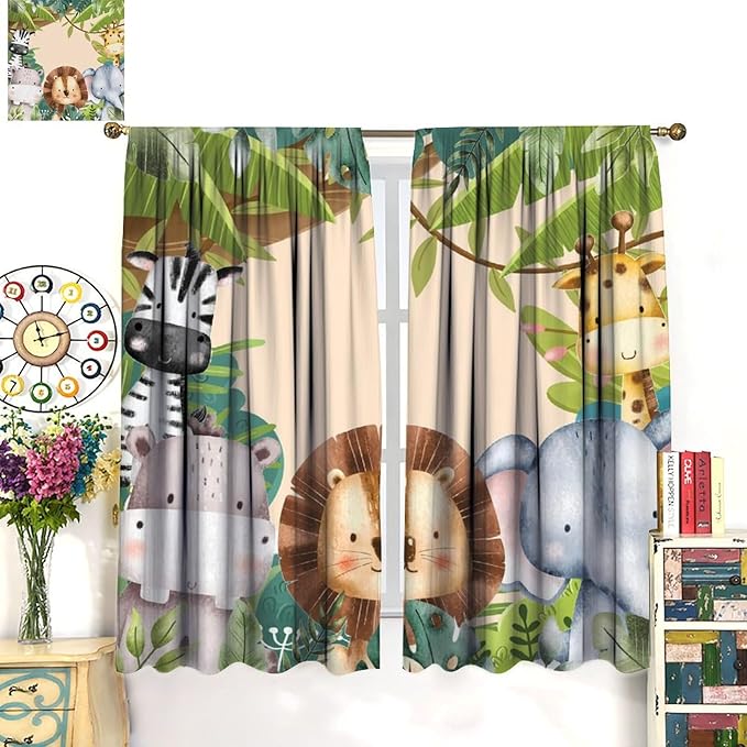 Jungle Animals Curtains Colorful Forest Cartoon Wildlife Lion Giraffe Elephant for Kids Boys Girls Nursery Bedroom Living Room Blackout Rod Pocket Decoration Window Drapes 2 Panels W36xL63in