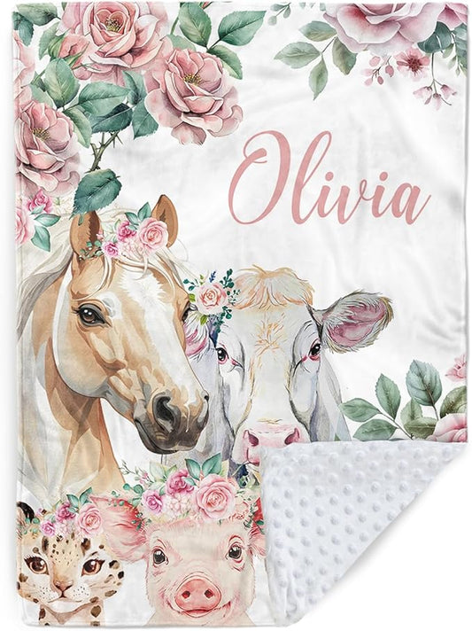 Personalized Baby Blankets for Boys Girls, Custom Baby Blanket with Name, Farm Animals Blanket Personalized, Receiving Swaddle Blanket Suitable for Infants & Toddler, (60" x80)