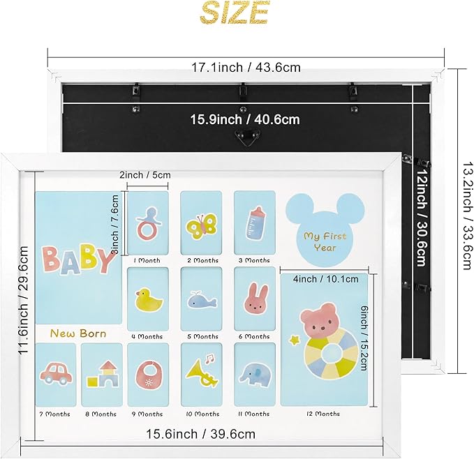 My First Year Photo Frame 12x16, Baby's First Twelve Months 4x6 and 2x3 Wallet Pictures Milestone Board Keepsake, as New Mom Baby Newborn Gift, White