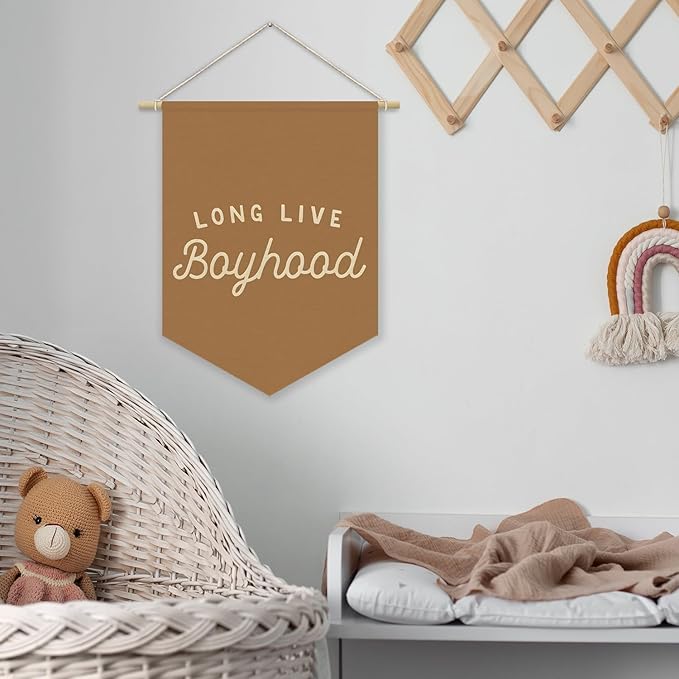 Fall Room Decor,Long Live Boyhood Boy Room Canvas Banner Nursery Playroom Wall Decor for Boys Bedroom Toddler Decorations Teen Boy Room Decor,Playroom Decor Wall Hanging Flag 15x11 Inch（Brown)