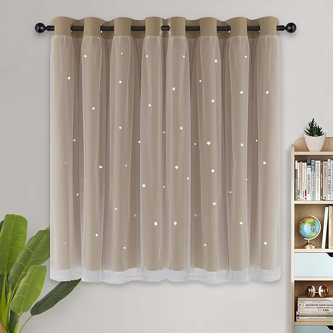 Kinryb Blackout Curtains for Girl Bedroom/Living Room/Classroom, Sheer Overlay Small 2 Panel Set, Double Layer Curtains with Star Cutout for Kids Room(W 52 x L 45 Inches,Beige 2 Pcs)