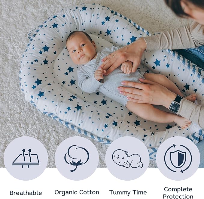Baby Lounger | Organic Cotton Infant Lounger| Reversible, Adjustable & Portable Floor Lounger |Supervised Use | Soft, Breathable, Washable Cover - Star Collection (Blue)
