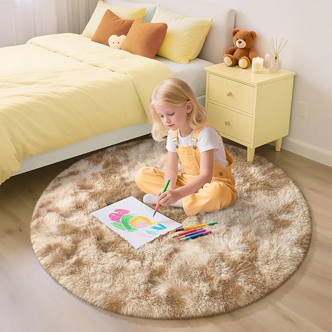 EVOIONOS Tie-Dyed Camel Round Rug for Bedroom, 4x4 Ft Fluffy Soft Circle Area Rugs for Living Room, Plush Shaggy Circular Carpet for Indoor Floor Bedside Kids Nursery, Home Decor Aesthetic