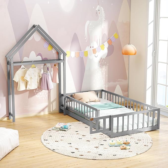 MAT EXPERT Twin Floor Bed with House-Shaped Headboard, Montessori Kids Bed with Detachable Clothes Hanger, Full Length Safety Guardrails, Solid Wood Twin Bed Frames for Kids (Gray)