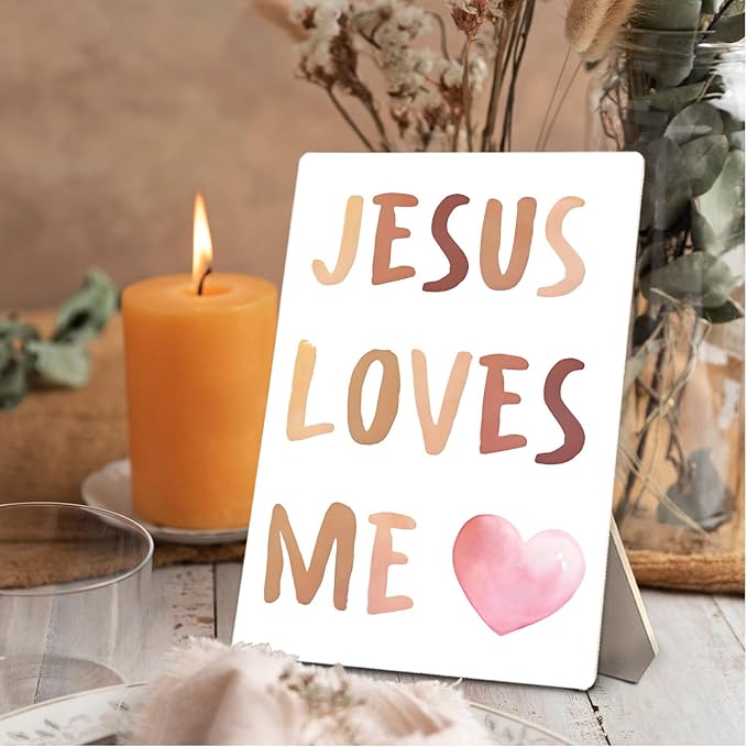 Baby Girls Boys Nursery Decor - Boho Jesus Loves Me Christian Wooden Stand Sign, Nursery Decor, 5x7 Inch