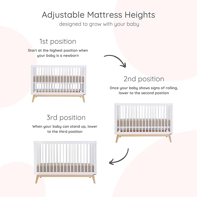 dadada Baby Soho 3 in 1 Convertible Wooden Crib to Toddler Bed - Made in Italy, GREENGUARD Gold Certified, Baby-Safe Finish, Sustainable Beech Wood, Modern Design, 3 Adjustable Heights (White/Natural)