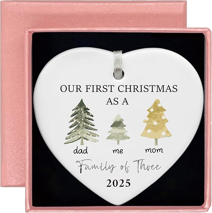 Our First Christmas As A Family of Three-2025 for New Parents,New Baby,Newborn First Time Mom and Dad-The First Kid-Hanging Heart Shaped Ornament-Double Sided Printed