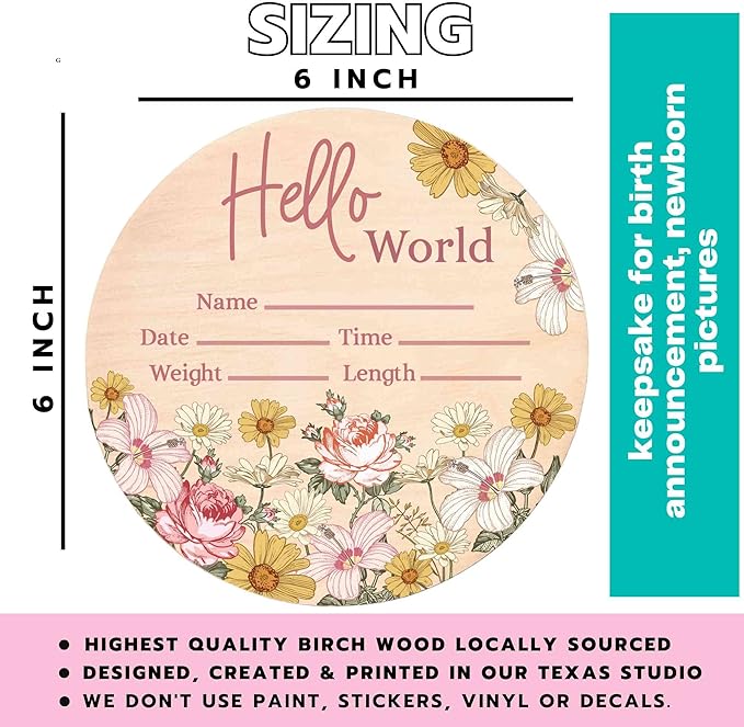 Hello World Newborn Sign - Baby Name Birth Announcement Plaque for Hospital - Daisy Pink Floral - Photo Prop - Nursery Decor - Shower Gift