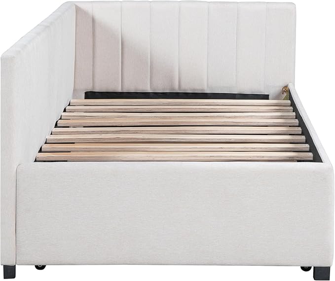 Harper & Bright Designs Upholstered Daybed with Trundle Twin Size Sofa Bed Frame No Box Spring Needed, Linen Fabric(Beige)