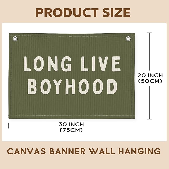 Long Live Boyhood Banner, Boy Nursery Decor, Canvas Banner Wall Hanging Flag Decor for Nursery Playroom Toddler Room, Boys Kids Room (Green)