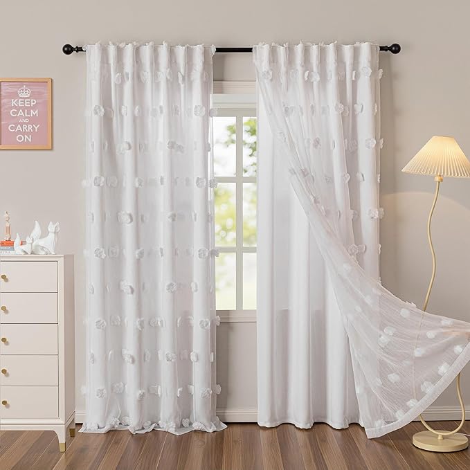 MYSKY HOME White Curtains for Bedroom 72 Inch Long Double Layer Nursery Curtain for Kids Room Kithen White Pom Pom Sheer Back Tab Light Filtering Privacy Protect Window Drapes 2 Panels, 52 x 72 Inch