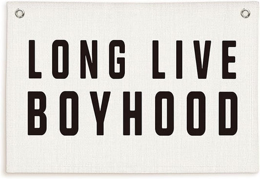 Lacama Long Live Boyhood Banner, Neutral Canvas Wall Hanging Banner Flag for Nursery Playroom, Toddler Room, Boys Kids Room Decor 30x20 Inch