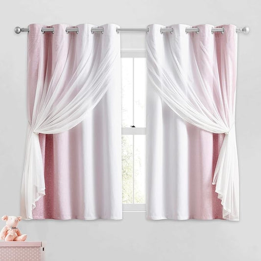 100% Blackout Curtains with Sheer Overlay Mix and Match Double Layer Drapes 54 Inch Length 2 Panels for Girls Bedroom Living Room Pink White Ombre Grommet Window Treatment with Tiebacks