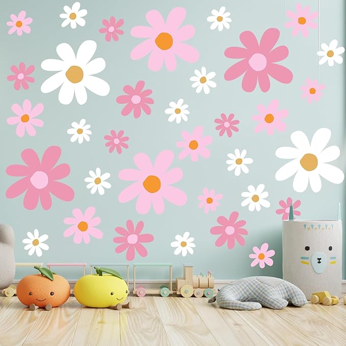 TaoBary 12 Sheets Daisy Wall Decal Flower Wall Sticker Cute Daisy Sticker Pink White Flower Decal Peel and Stick Floral Wallpaper for Nursery Bedroom Home Decor(Pink Color,Vibrant Style)