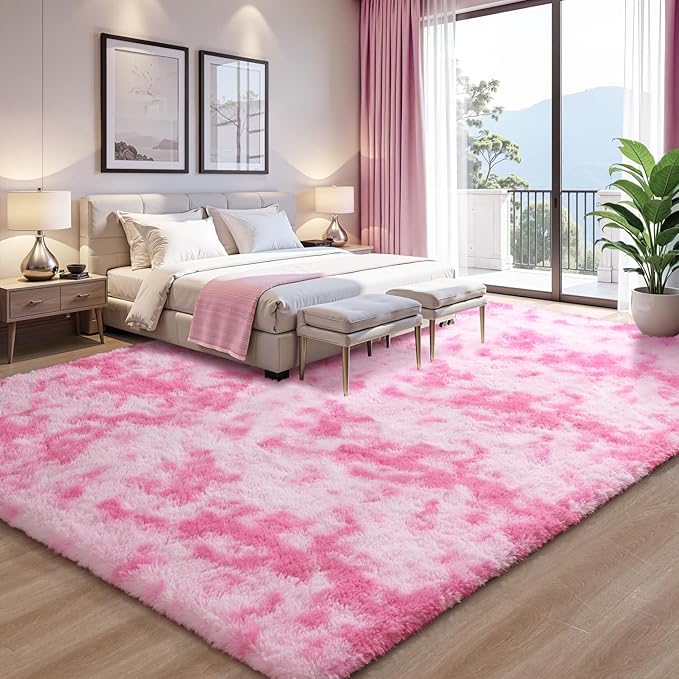 EVOIONOS Area Rug for Living Room Bedroom, Washable 6x9 Fluffy Shag Large Rug, Soft Plush Non Slip Carpet for Indoor Floor Bedside Nursery Kids Girls Room Dorm, Home Decor Aesthetic, Tie-Dyed Pink