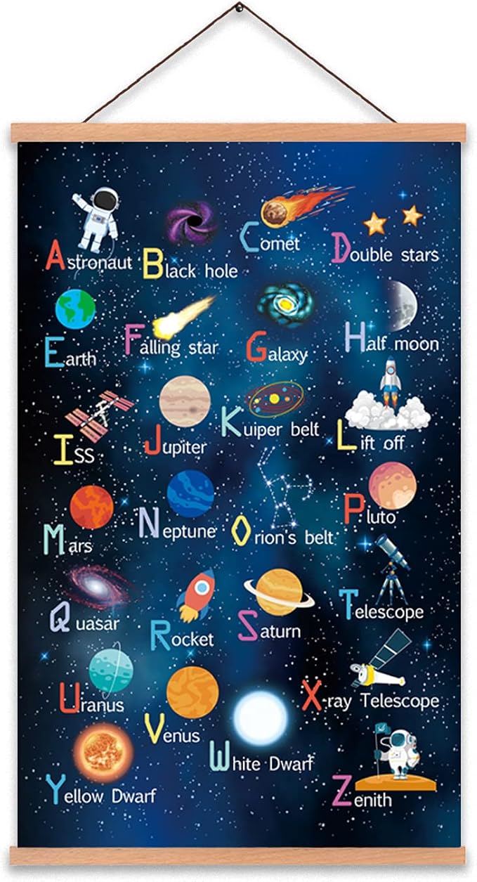 KAIRNE Outer Space Art Print With Wood Magnetic Poster Hanger Frame, Astronomy Alphabet Letters Canvas Wall Art,Abstract Universe Educational Poster,35X56CM Hanging Painting For Home Classroom Decor