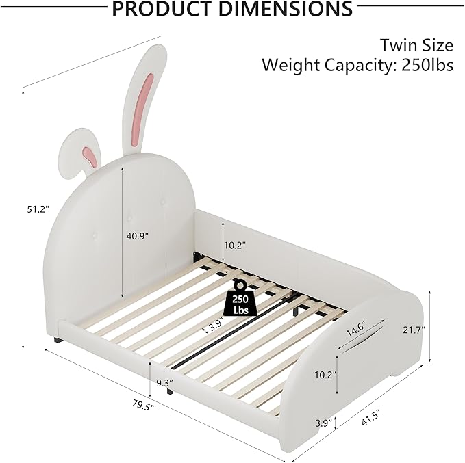 Harper & Bright Designs Twin Size Upholstered Rabbit Shape Princess Bed Frame for Boys Girls Kids Adults Toddler, Twin Size Platform Bed with Headboard and Footboard,White