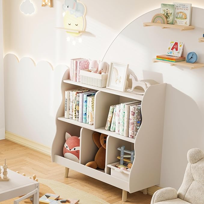Treocho Kids Bookshelf and Toy Storage Orangizer, 3-Tier Wooden Children's Bookcase with Curve Design, 5 Cubbies Toy Storage Cabinet Display with Legs for Children's Room, Playroom, School, White