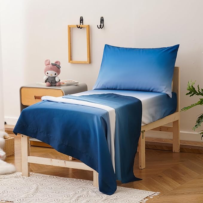 KAREVER Gradient Blue Toddler Bedding Set Ombre White Blue 4 Pieces Crib Bed Set Kids Comforter Set