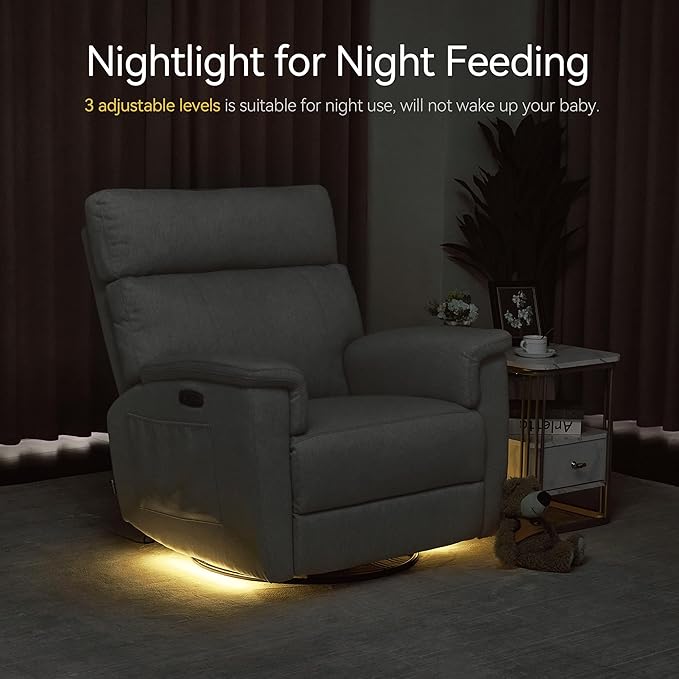 MCombo Oversized Swivel Glider Rocker Recliner with Adjustable Headrest, Dual Motor Power Recliner for Nursery, Led Nightlight, Fabric PR601 (Beige)
