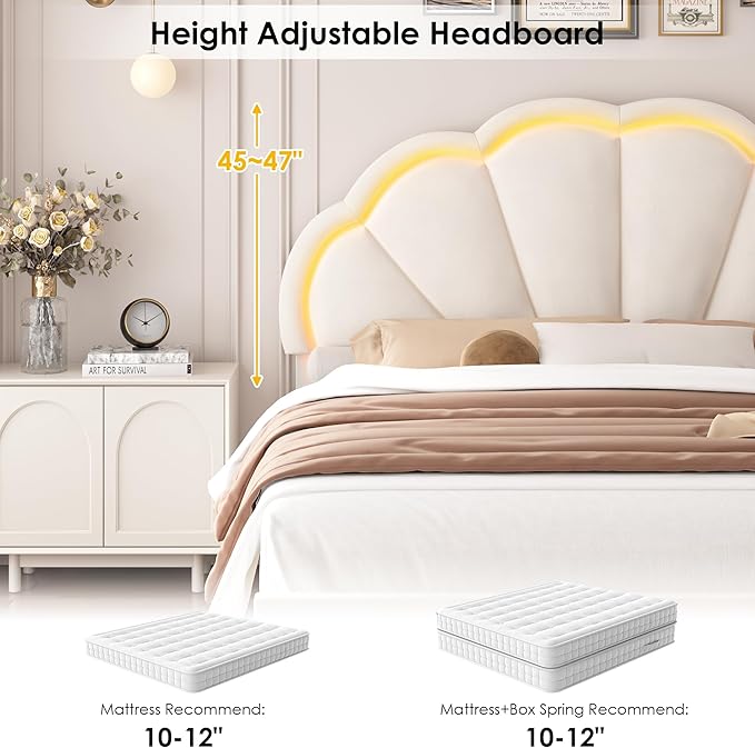 HIFIT Queen Upholstered Smart LED Bed Frame with Adjustable Chic Petal Headboard, Soft Princess Queen Size Platform Bed Frame for Girls, Wooden Slat Support, No Box Spring Needed, Easy Assembly, Beige