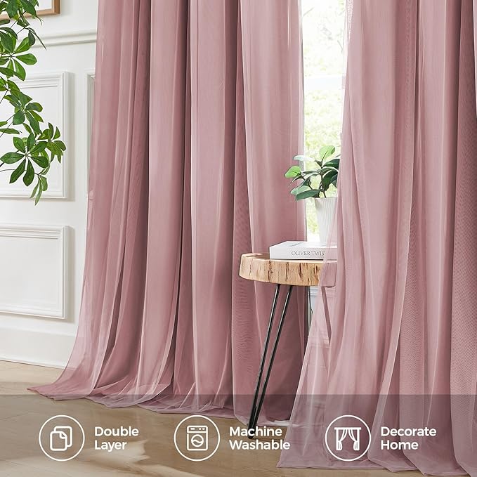 100% Blackout Curtains for Bedroom, Double Layer Pink Curtains, Black Out Curtain 84 inch Long with Sheer Overlay for Living Room, Room Darkening Window Drapes with Grommet, 52" W x 84" L